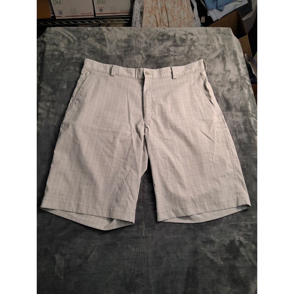 Nike Golf Dri-FIT Mens Plaid Shorts Tan White Size‎ 36 Flat Front Performance